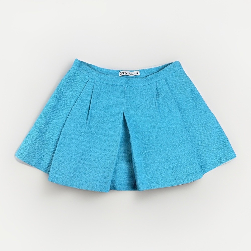 Zara Tweed Skort Womens S Blue Pleated High Waisted Mini‎ Skirt Shorts 2987/811